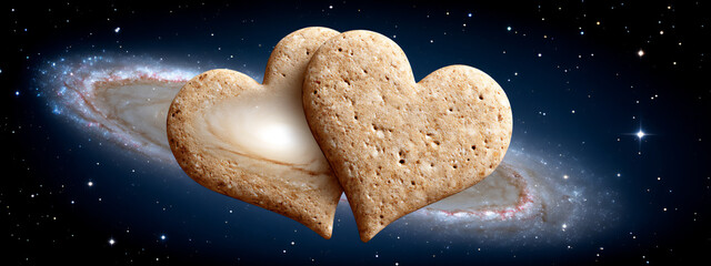 two swirling galaxies merging into a heart shape.