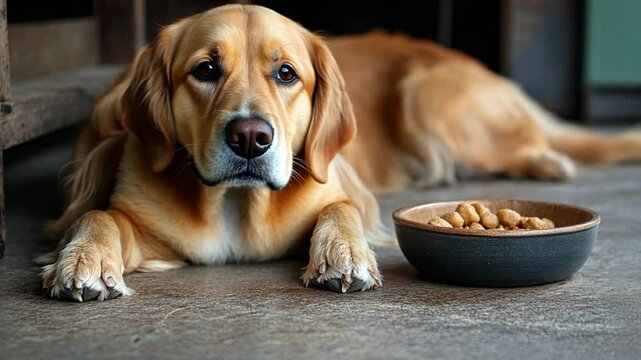A golden retriever gazes longingly at a bowl of kibble showing patience and delightful canine appeal