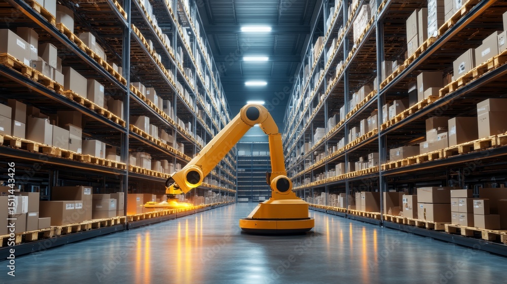 Poster enhancing modern warehouse logistics with robotic automation transforming supply chains in high-tech
