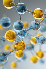 Interconnected transparent glassy molecules, Molecular structure with transparent spheres and atom connections. Cosmetic essence, Skin care cosmetics solution concept
