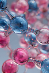Interconnected transparent glassy molecules, Molecular structure with transparent spheres and atom connections. Cosmetic essence, Skin care cosmetics solution concept
