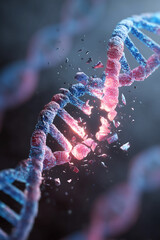 Scientific 3D illustration microscopic view of DNA molecular helix being damaged or broken, Broken DNA molecule structure representing genetic code. Science biology research concept
