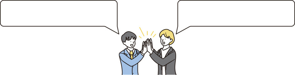 吹き出しと笑顔で喜んでいる男子高校生と先生がハイタッチしているシンプルな上半身のイラスト素材
