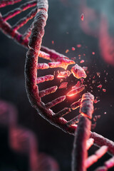 Scientific 3D illustration microscopic view of DNA molecular helix being damaged or broken, Broken DNA molecule structure representing genetic code. Science biology research concept
