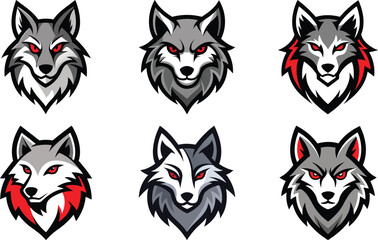 A set of wolf head face portraits features the profile of an angry, roaring animal with its mouth open, showcasing a wild canine predator mammal in a simple black and white linocut tattoo silhouette
