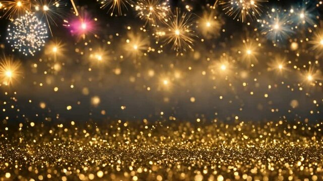 A shimmering golden glitter foreground under a night sky filled with colorful fireworks display above