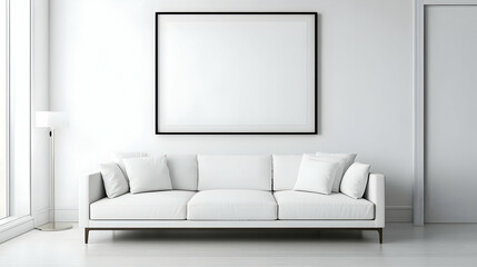 Minimalist living space featuring a white sofa and framed wall art