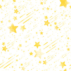 Watercolor shooting star seamless pattern vector. Cute yellow stars, meteor, meteor shower. Beautiful design for baby dress, child skirt, kid cloth, wrapping, paper, card, print, cover, decor.