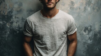 man in natural cotton t-shirt, standing in front of textured wall, face blurred by motion or soft light, Japandi mood, clean minimalist setup