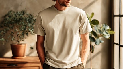model wearing beige crew neck t-shirt, standing in soft natural light, background wall in Japandi style, face out of focus, minimalist setup