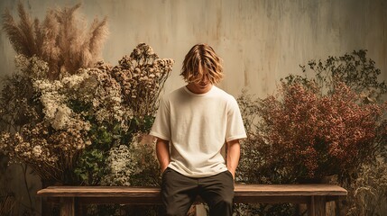 model in linen t-shirt, seated on bench, looking down, face obscured, Japandi styled background with dried plants, space for branding