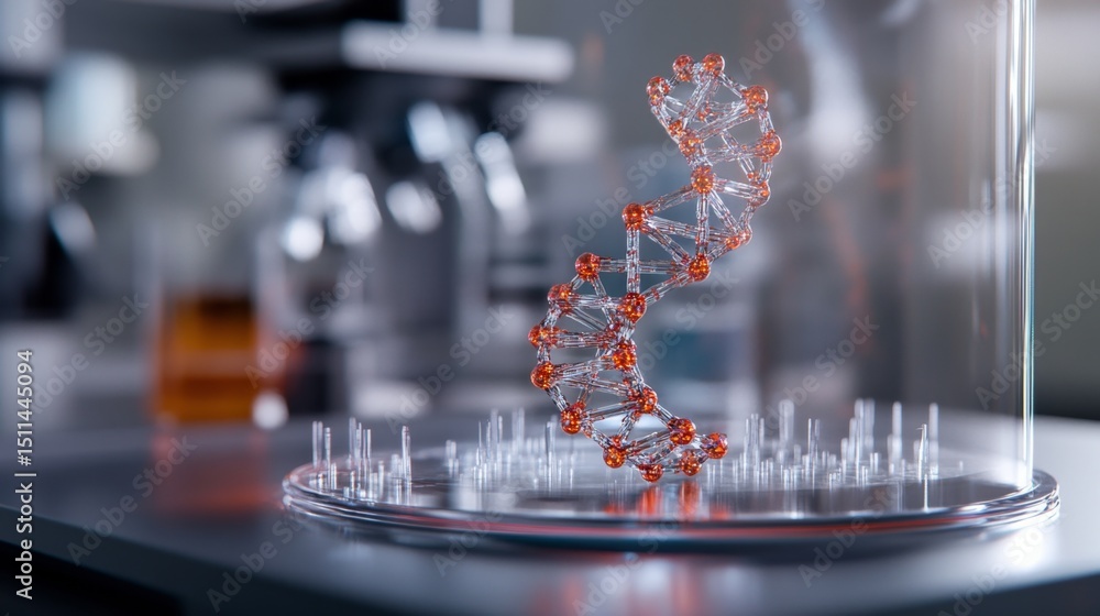 Poster detailed scientific visualization of a dna helix model in laboratory setting with digital rendering 