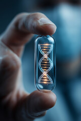 Close up a scientist hand holding a transparent medicine capsule containing a glowing DNA double helix. Capsule medicine and health technology concept
