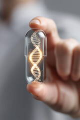 Close up a scientist hand holding a transparent medicine capsule containing a glowing DNA double helix. Capsule medicine and health technology concept
