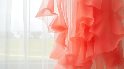 Salmon Pink Sheer Ruffled Curtain Drapery against a Window