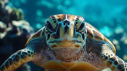 Fototapeta premium Close-up of a sea turtle's head and upper shell.