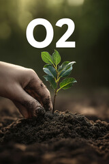 Close up hand of a person planting a tree sapling in the soil with "O2" text in the air above. Sustainable tree environment, Earth day, Planting seedlings

