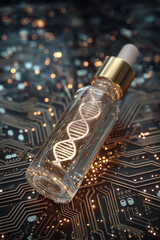 A glowing acid serum drop bottle placed on circuit board texture with DNA helix hologram inside. Biology medical science and technology
