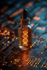 A glowing acid serum drop bottle placed on circuit board texture with DNA helix hologram inside. Biology medical science and technology
