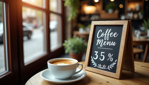 Coffee menu chalkboard with discount beside cup of coffee on table  
