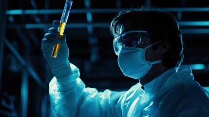 Scientist in Lab Holding Test Tube with Colorful Liquid Against Dark Background