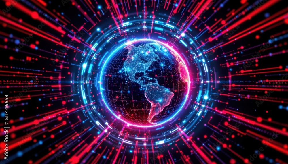 Poster digital transformation event showcasing global connectivity in a futuristic virtual environment