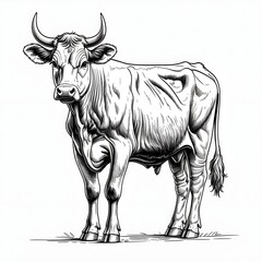 A cow with horns stands in a field. 