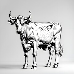 A cow with horns stands in a field. 