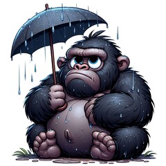 Whimsical cartoon gorillas. A quirky cartoon gorilla sits under an umbrella.