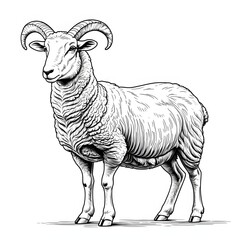 A sheep stands in a field with its head held high. 