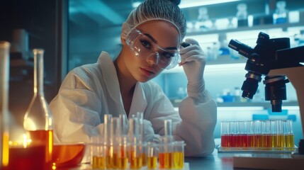 Scientist in Laboratory Conducting Research with Test Tubes and Microscope