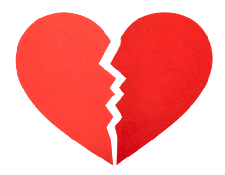 Breaking Heart: A stark representation of emotional pain, this image showcases a heart broken, its two halves visibly separated. The simplicity and bold colors evoke feelings of loss and heartache.