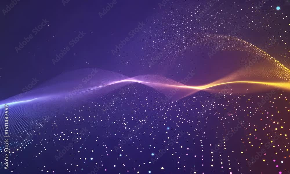 Poster abstract digital wave with glowing particles flowing across a dark gradient background in shades of 