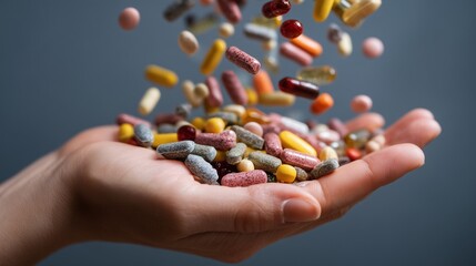 手に降り注ぐ大量のサプリメント