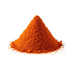 Small pile of vibrant red cayenne pepper powder on a clean white plain isolated background, no shadows, slightly high angle shot, clear contours, commercial food ingredient concept