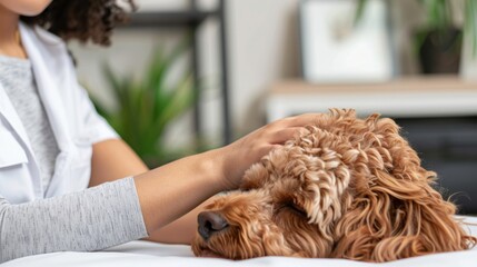 Caring Veterinarian Gently Patting Relaxed Dog on Treatment Table