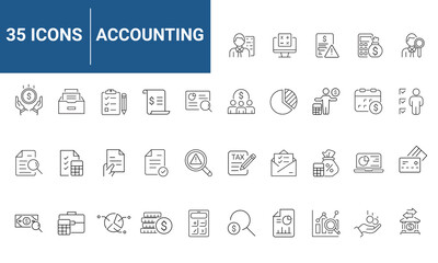 Accounting set of web icons in line style. Accounting and audit icons for web and mobile app. Containing finance report and audit, invoice, tax return, accounting, auditing, inspection and more.