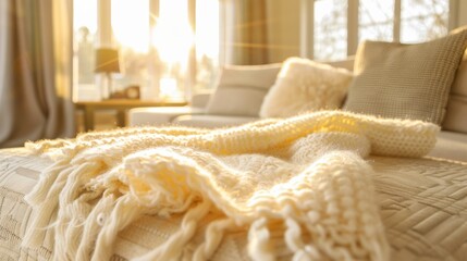 Cozy Living Room with Warm Lighting and Soft Knit Blanket