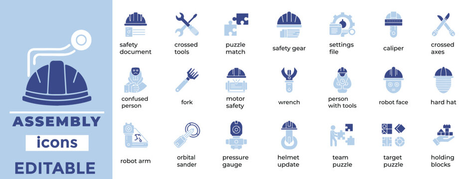 Editable assembly line icons with clean line art style, ideal for manufacturing, industry, automation, and workflow visuals.