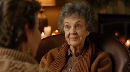 Warm Conversation Between Elderly Woman and Caregiver in Cozy Setting