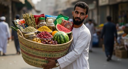 Man Holding Basket of Fruit and Gifts for Eid Al-Adha