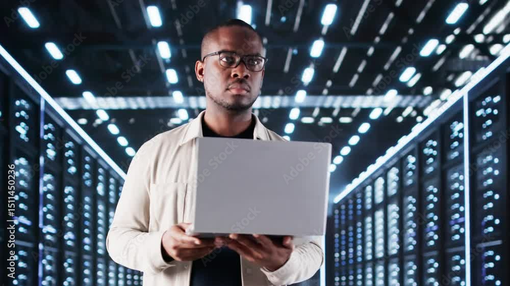 Poster happy engineer in data center server room