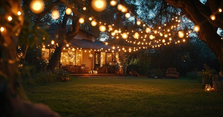 Illuminated backyard at night with string lights