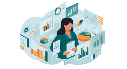 Obraz premium A woman analyst reviews data in a dynamic, futuristic business environment. A modern illustration.