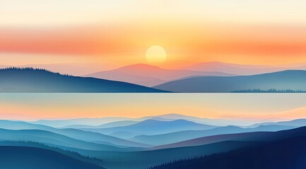 Obraz premium Mountain sunrise/sunset panorama over lake