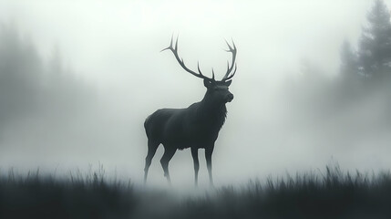 Majestic deer silhouette in a misty landscape.