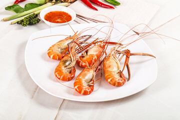 Boiled tiger prawn with sauce