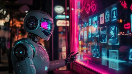 Futuristic Robot Interacting with Neon Display in Urban Environment