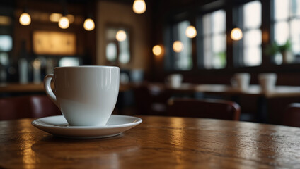 Fototapeta premium Coffee cups placed on a wooden table, the background is a coffee shop atmosphere.