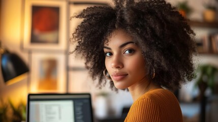 Young woman with natural hair working at desk in cozy workspace